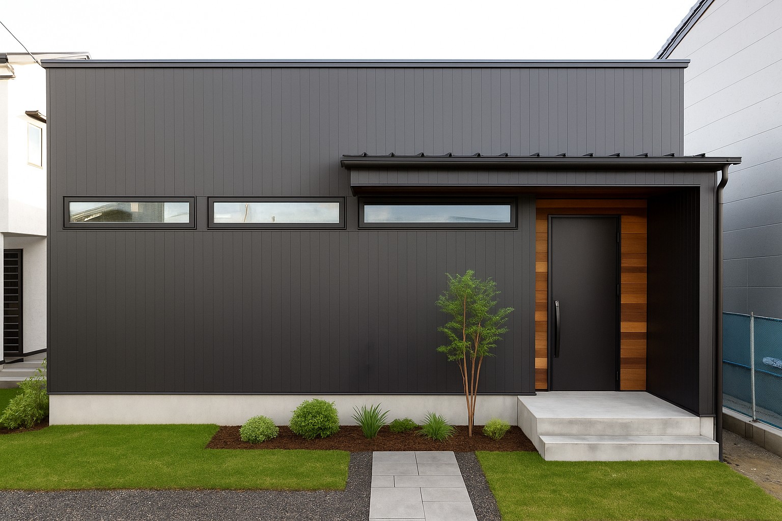 落ち着いたダーク外壁と木目玄関が特徴の、コンパクトで心地よい平屋の外観（岐阜県大垣市 K様邸）