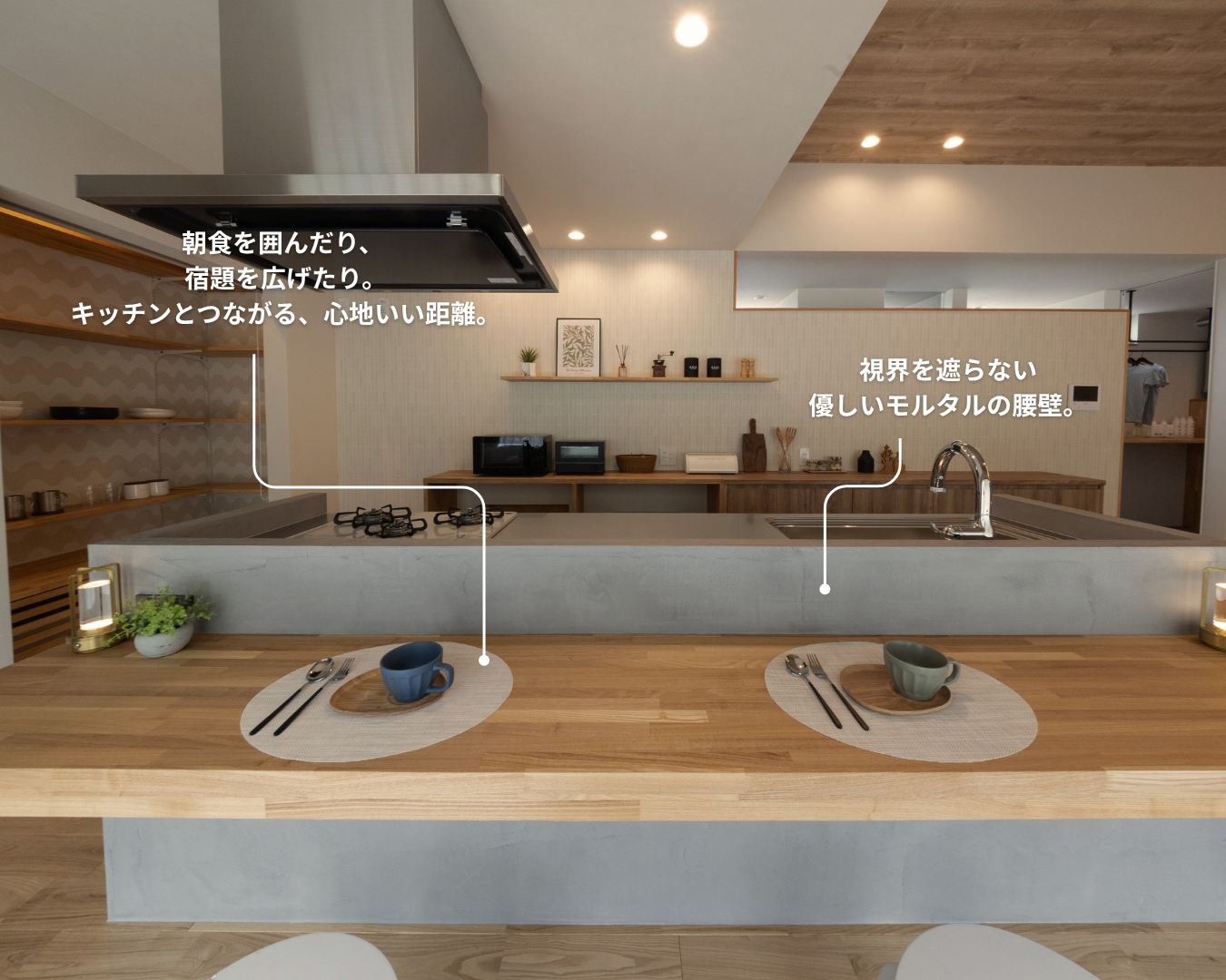 対面カウンターと背面収納があるキッチン空間